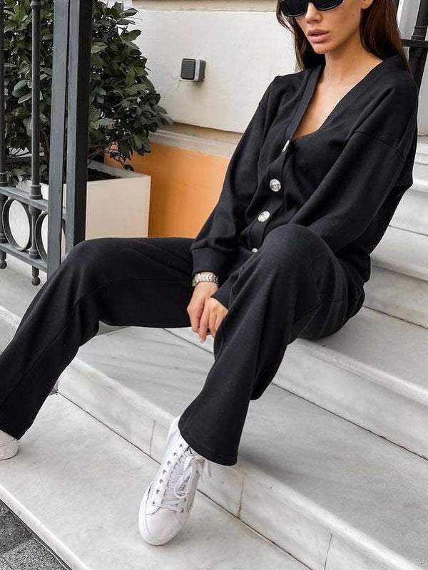 Ensemble deux pièces veste en tricot boutonnée à col en V et pantalon large