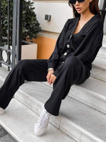 V-neck button-down knitted jacket and wide-leg pants two-piece set
