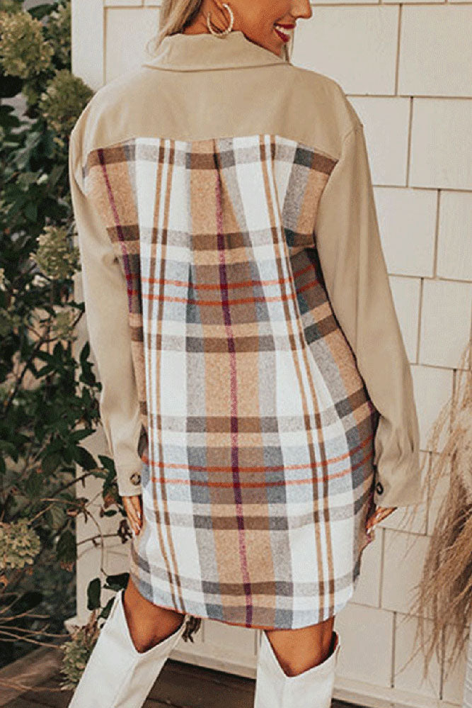 Einreihiges kariertes Patchwork-Hemdkleid