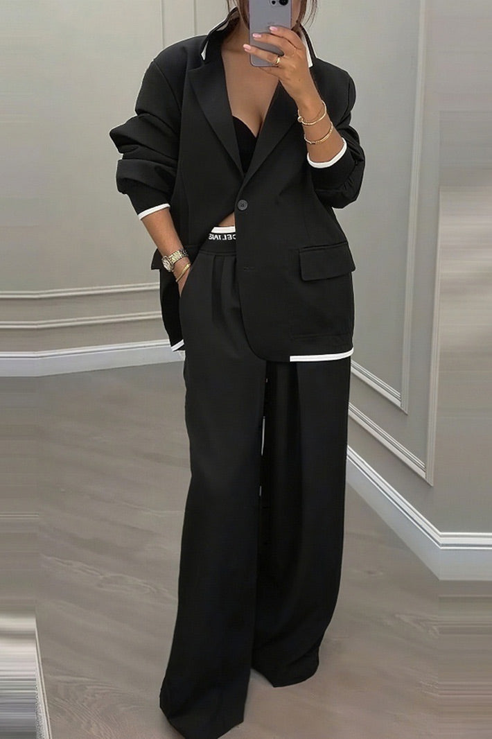 Solid color stylish suit elastic waist wide-leg pants two-piece set