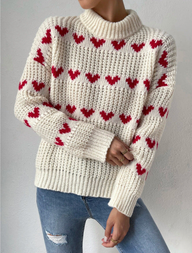 Halbhoher, locker sitzender Jacquard-Strickpullover mit Herzmotiv