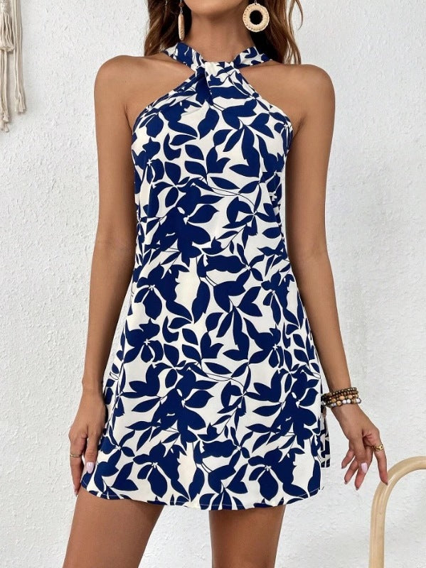 Robe salopette sans manches à imprimé feuilles et ourlet à volants