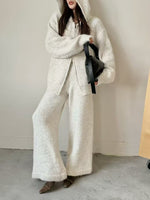 Loose Thickened Knit Hooded Zipper Cardigan Wide-Leg Pants Two-Piece Set