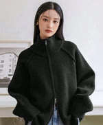 Cozy solid color stand collar zipper knitted cardigan top