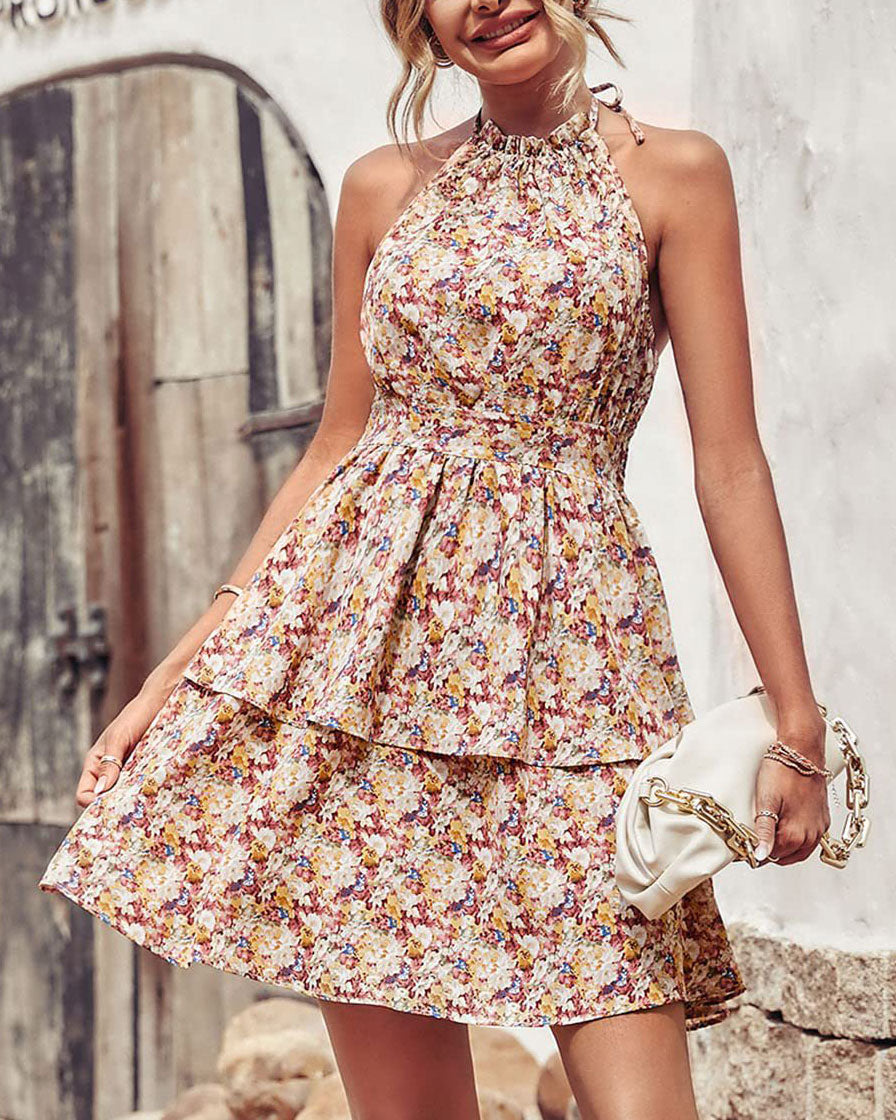 Neckholder-Kleid mit rückenfreiem, geblümtem Muster und ärmellos