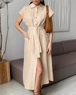 Robe col chemise taille haute en coton et lin avec lien à nouer