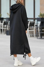 Large pockets tie-down hem hooded long sweatshirt dress