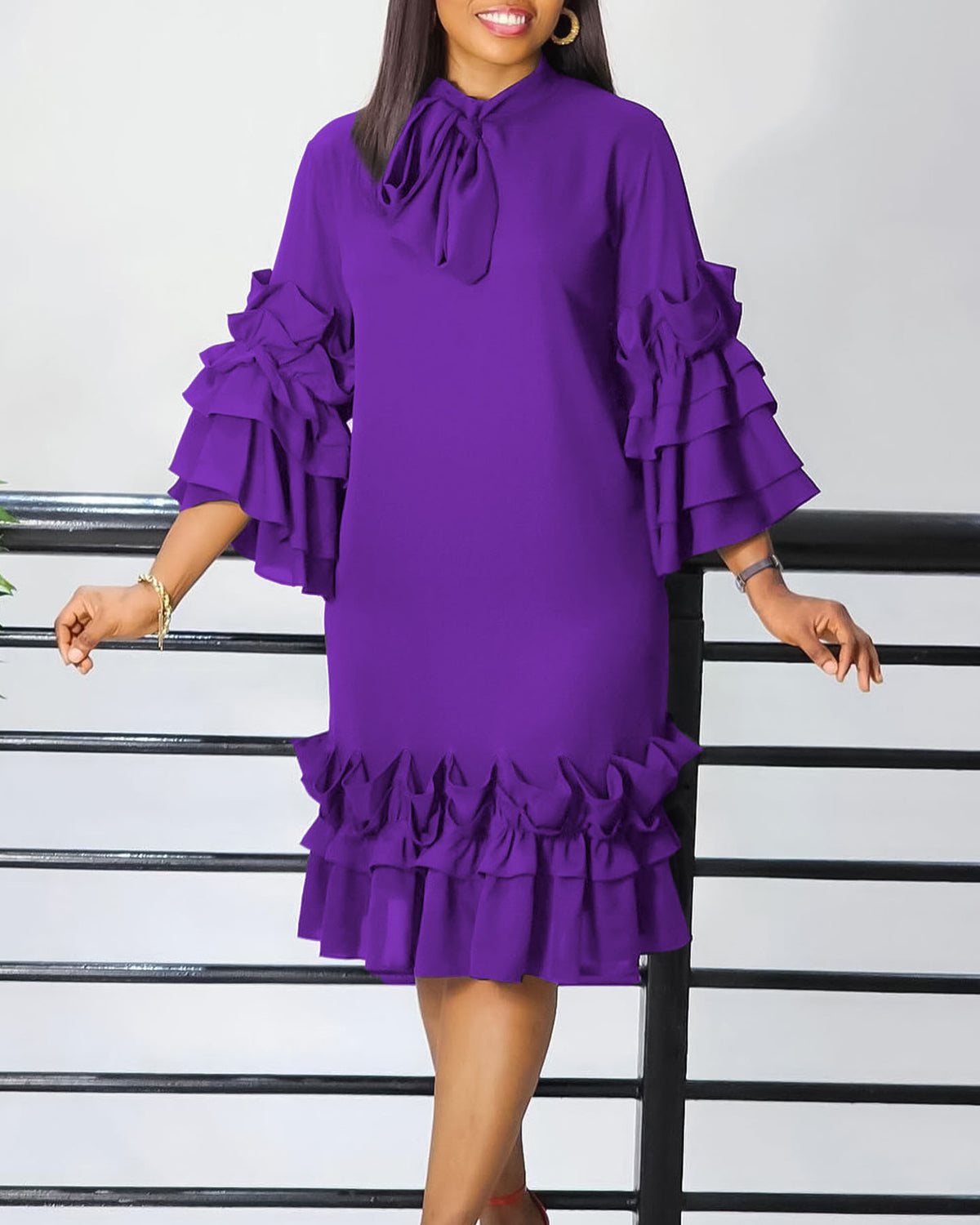 Vestido Midi Sólido Chique com Bainha com Babados e Manga Sino