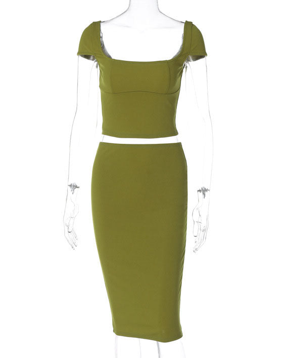 Elegant short-sleeved top and hip skirt suit