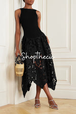 Black knit vest patchwork openwork skirt midi dress