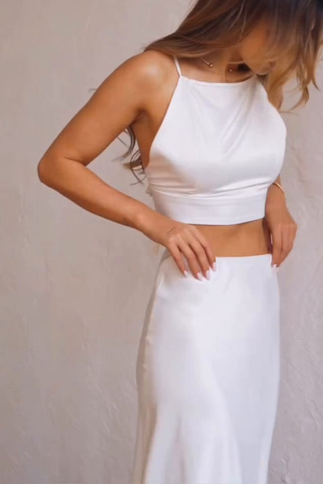 Satin camisole top and hip maxi skirt two-piece set