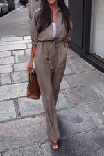 Topstitched lapel button-down workwear jumpsuit