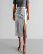 Silver Faux Leather High-Waisted Split Skirt