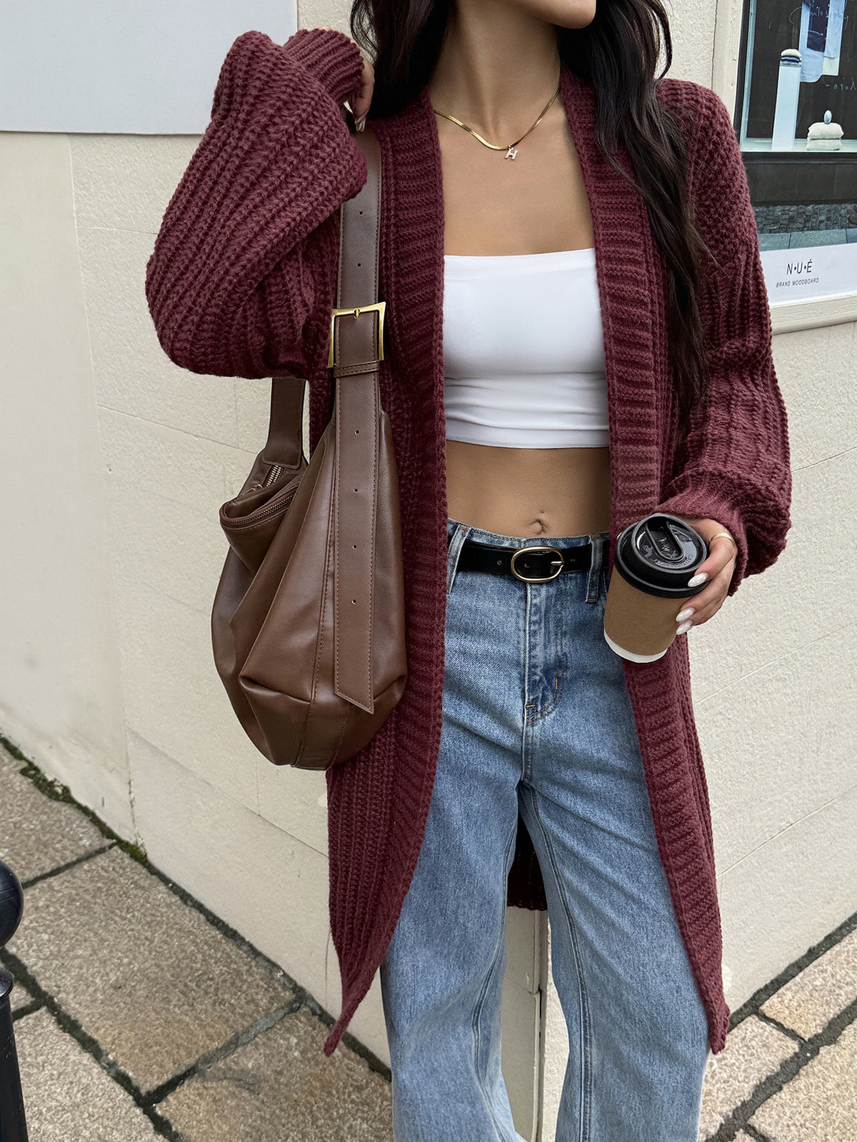 Oversized Chunky Knit Lantern-sleeved long cardigan