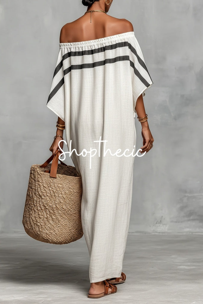 Loose-fitting striped off-shoulder batwing sleeve resort maxi dress