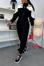 Color-blocked zipper fleece long-sleeved hooded jumpsuit