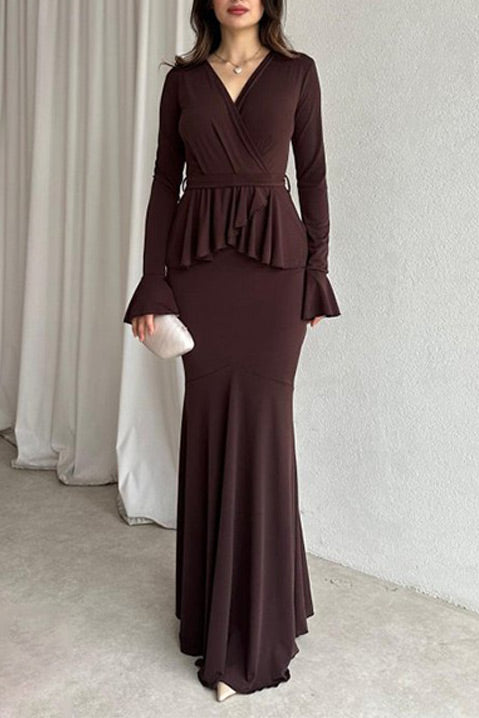 Solid color long-sleeved V-neck lace strappy hip Maxi dress