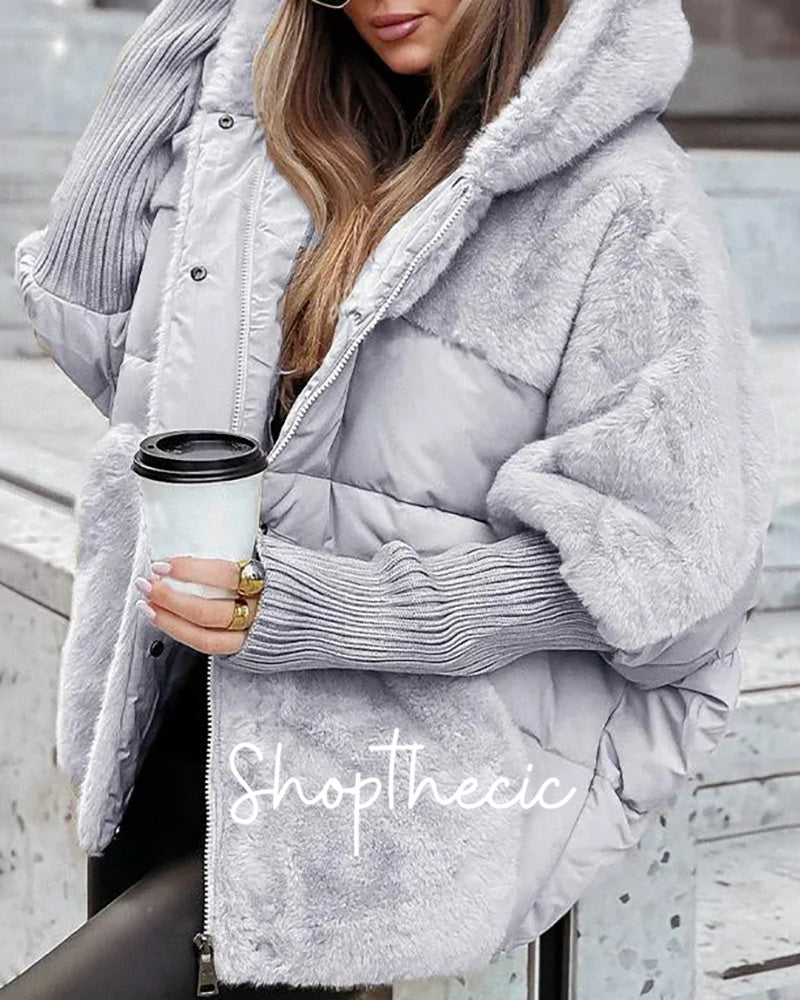 Elasticated sleeves plush trim hooded cotton jacket