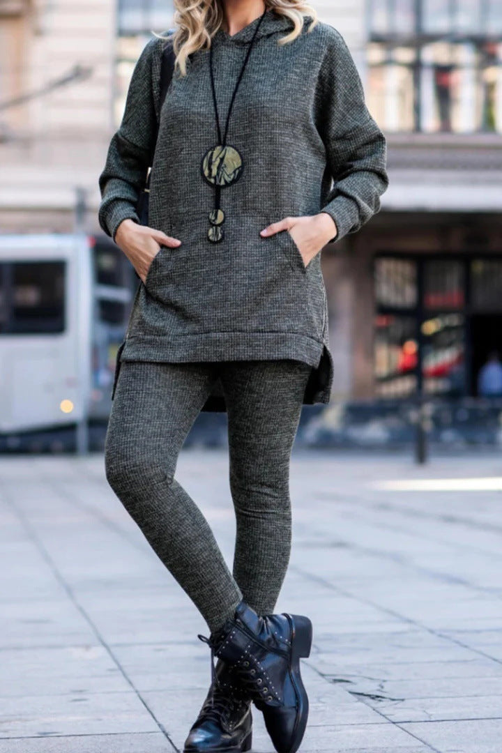 Solid Color Kangaroo Pocket Hooded Sweatshirt and Skinny Sweatpants Two-Piece Set