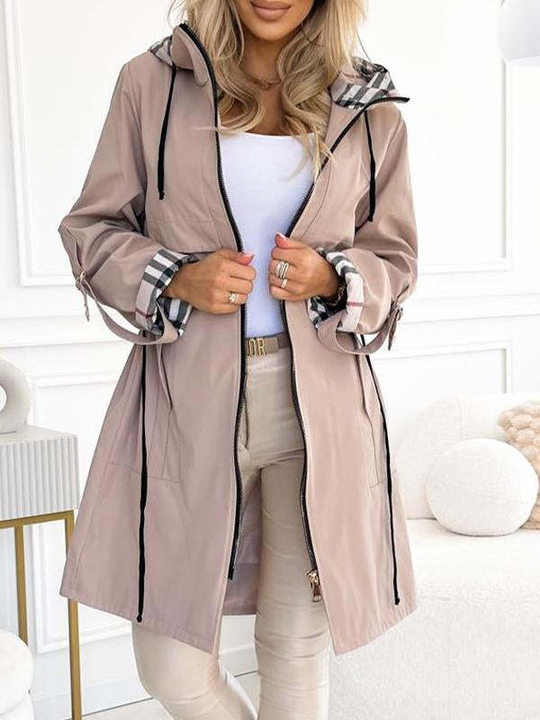 Classic plaid lining hooded mid-length trench coat