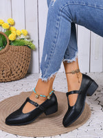 Thick heel square buckle hollow leather shoes