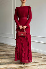 Long-sleeved top with ruffled hem and fitted long skirt two-piece set