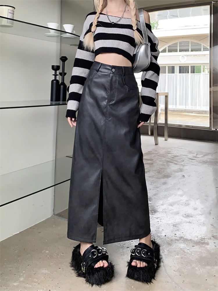 Jupe longue demi-rétro fendue taille haute en PU