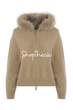 Khaki fuzzy dual-separating zipper hooded sweater cardigan