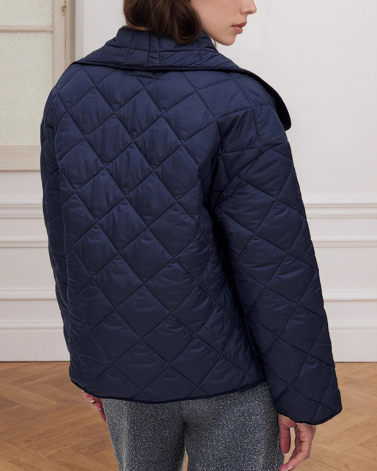 Navy Diamond quilting Cropped large lapel cotton jacket