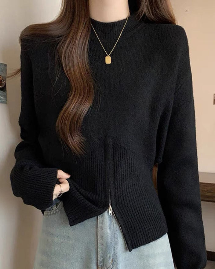 Pull zippé à col rond et taille cintrée