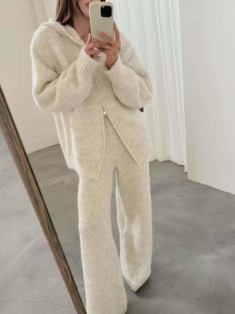 Loose Thickened Knit Hooded Zipper Cardigan Wide-Leg Pants Two-Piece Set