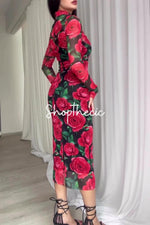 Large floral print fitted silhouette midi dress