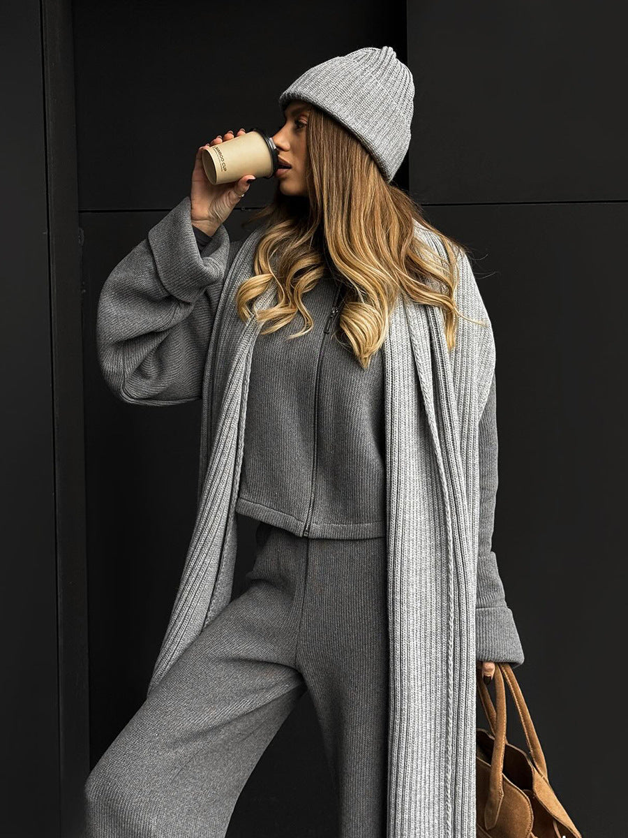 Ensemble veste à manches longues et pantalon large en tricot avec fermeture éclair