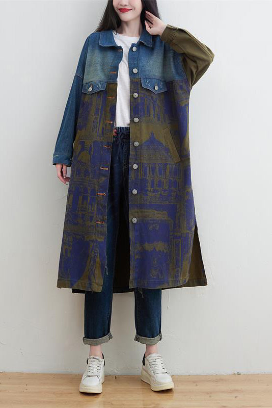 Knee-length patchwork denim trench coat