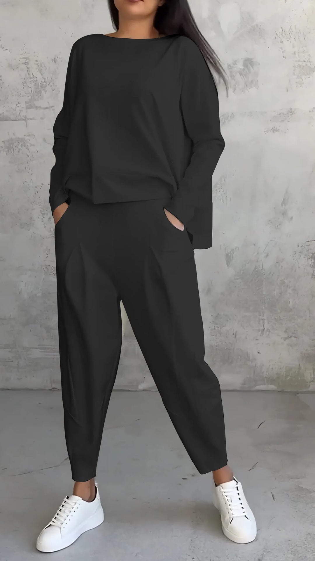Solid color loose hem sweatshirt cropped pants two-piece set