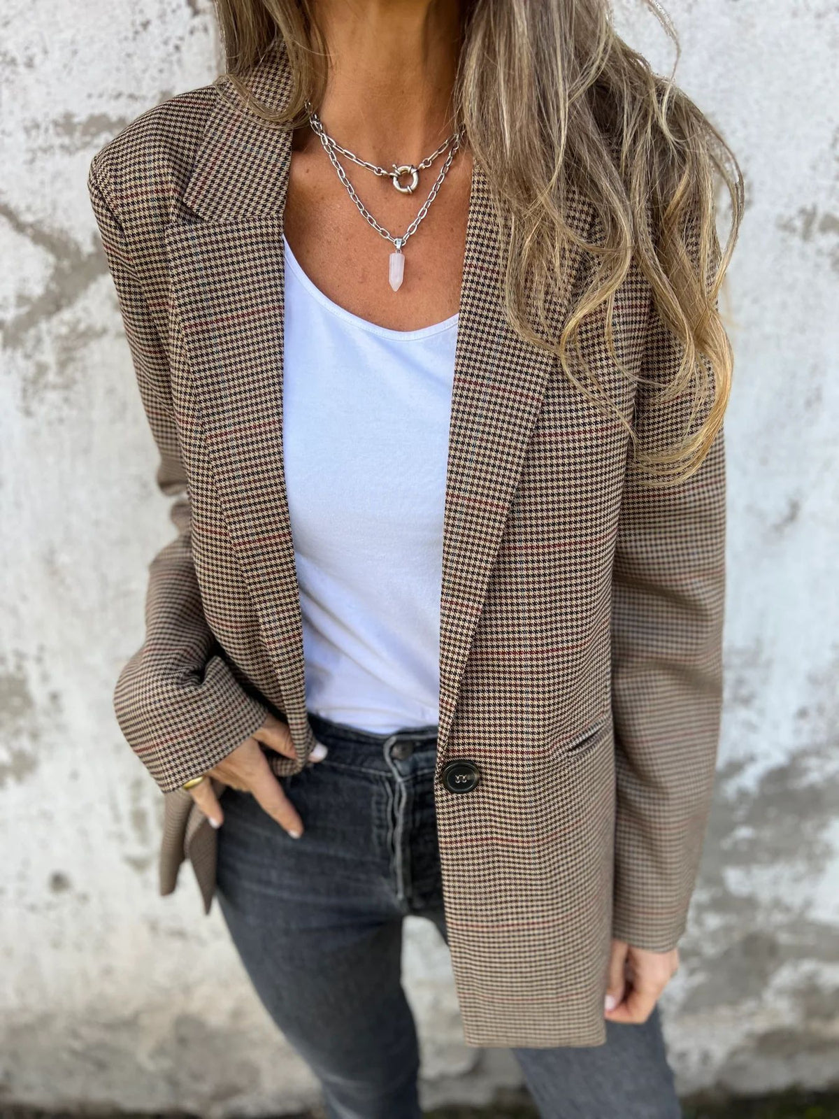 Blazer de bolso com botão único em estilo pied-de-poule