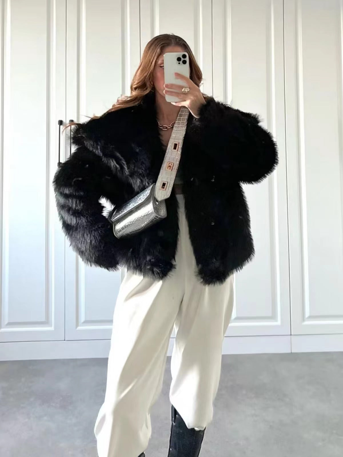 Arctic Embrace Cropped Large Lapel Plush Jacket
