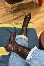 Genuine leather vintage belt buckle Chunky heel pointed toe side zipper boots