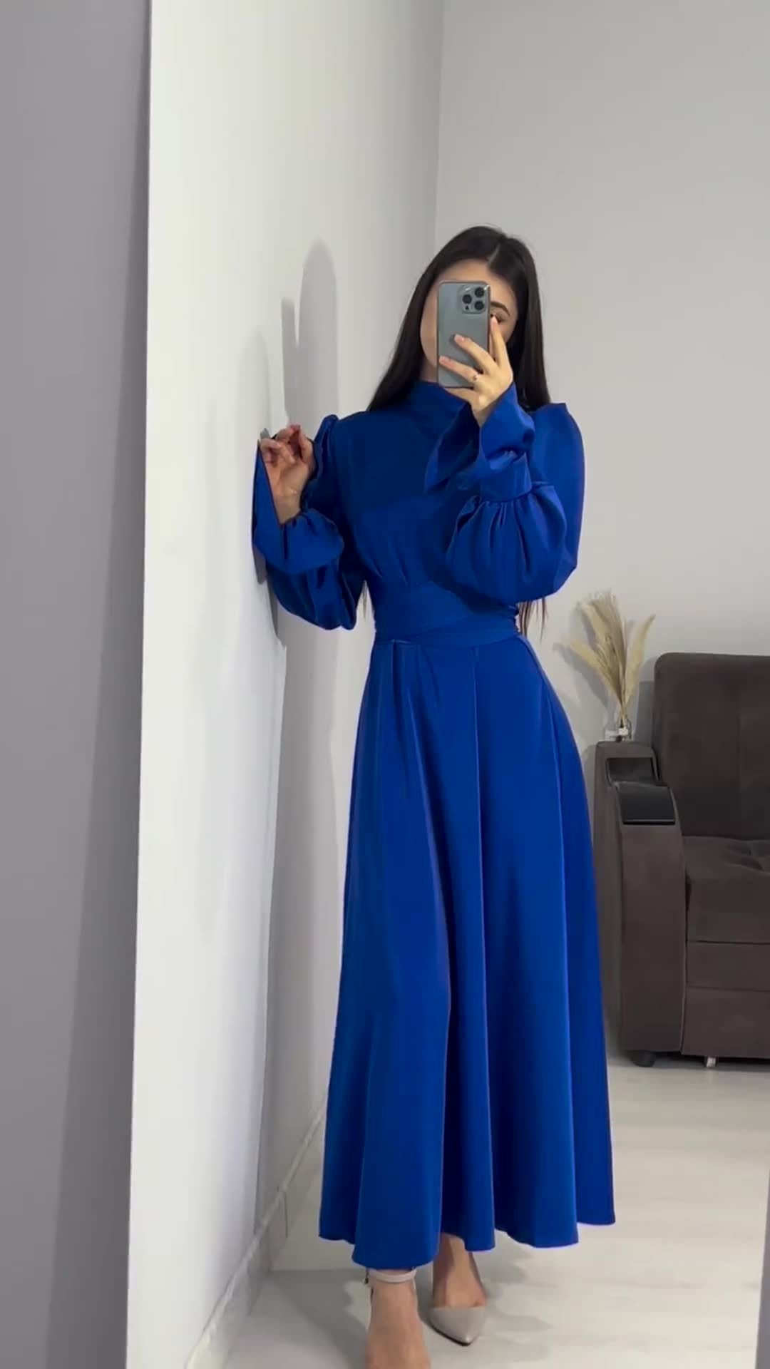 Long-sleeved puff-sleeved solid color fairy-style dress