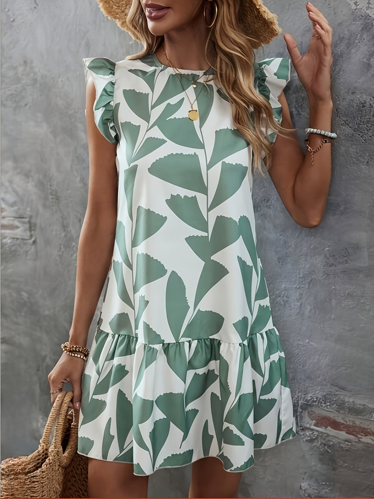 Robe ample à manches volantées et col rond