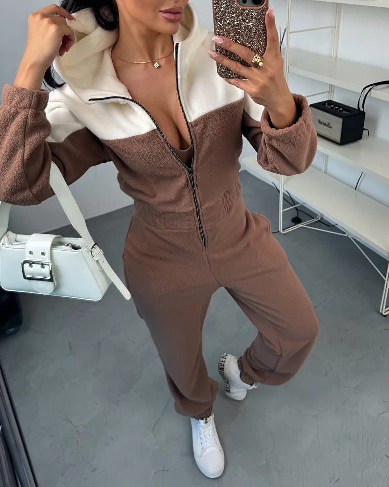 Color-blocked zipper fleece long-sleeved hooded jumpsuit