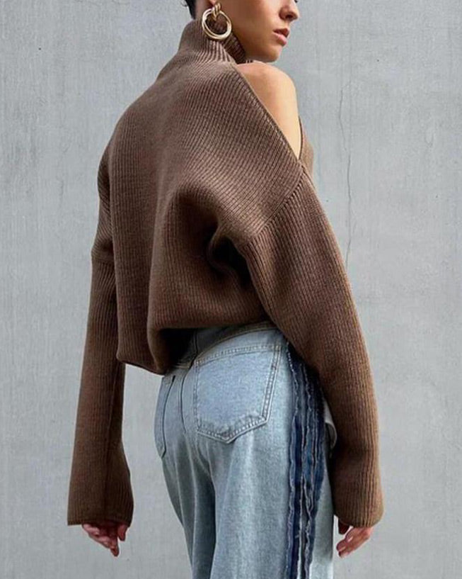 Chic Off-the-shoulder turtleneck long-sleeved sweater