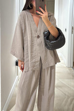 V-neck one-button loose long-sleeved top and high-waisted trousers two-piece set