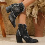 Distressed frayed denim chunky heel ankle boots