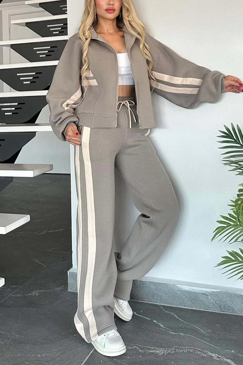 Y2K striped zip-up cropped sweatshirt jacket and sports pants two-piece set