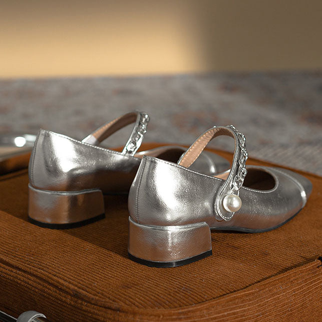Chaussures Mary Jane argentées à talon épais et bout rond