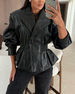 Classic lapel waist cropped PU jacket
