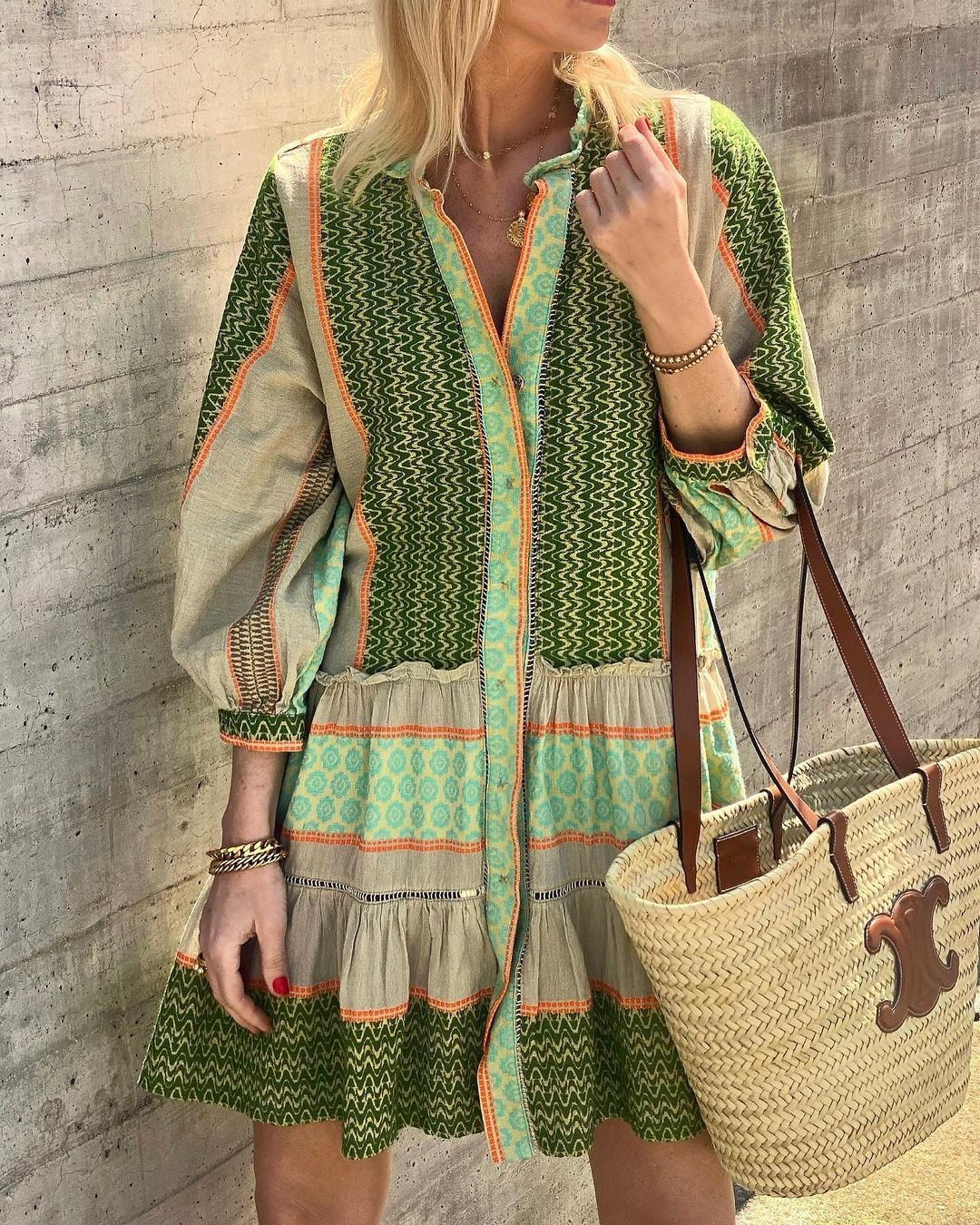 Robe midi imprimée à manches courtes en coton et lin