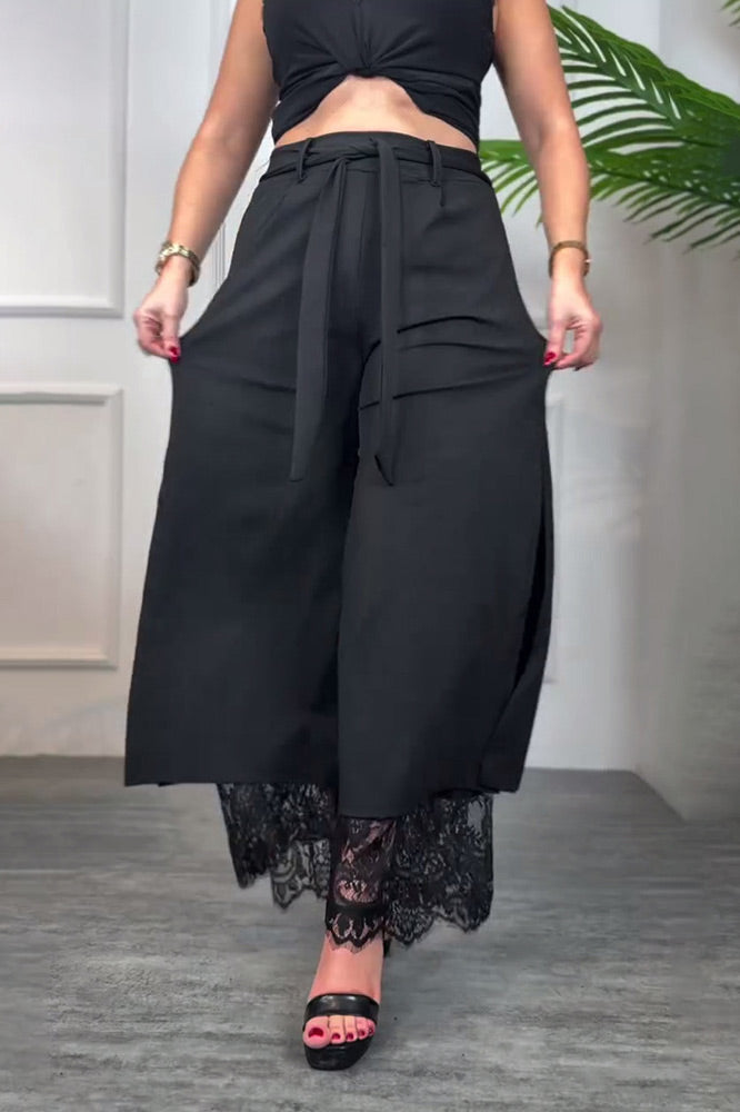 Lace-lined side slits lace-up loose-fitting trousers