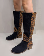 Suede upper with leopard back round toe thick heel boots